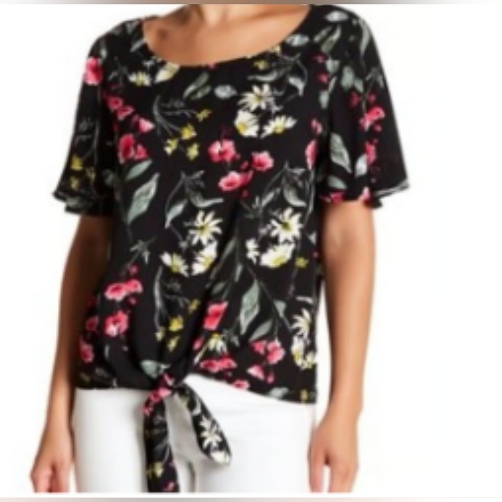 New Socialite Floral Flutter Sleeve Knot Front Blouse XL